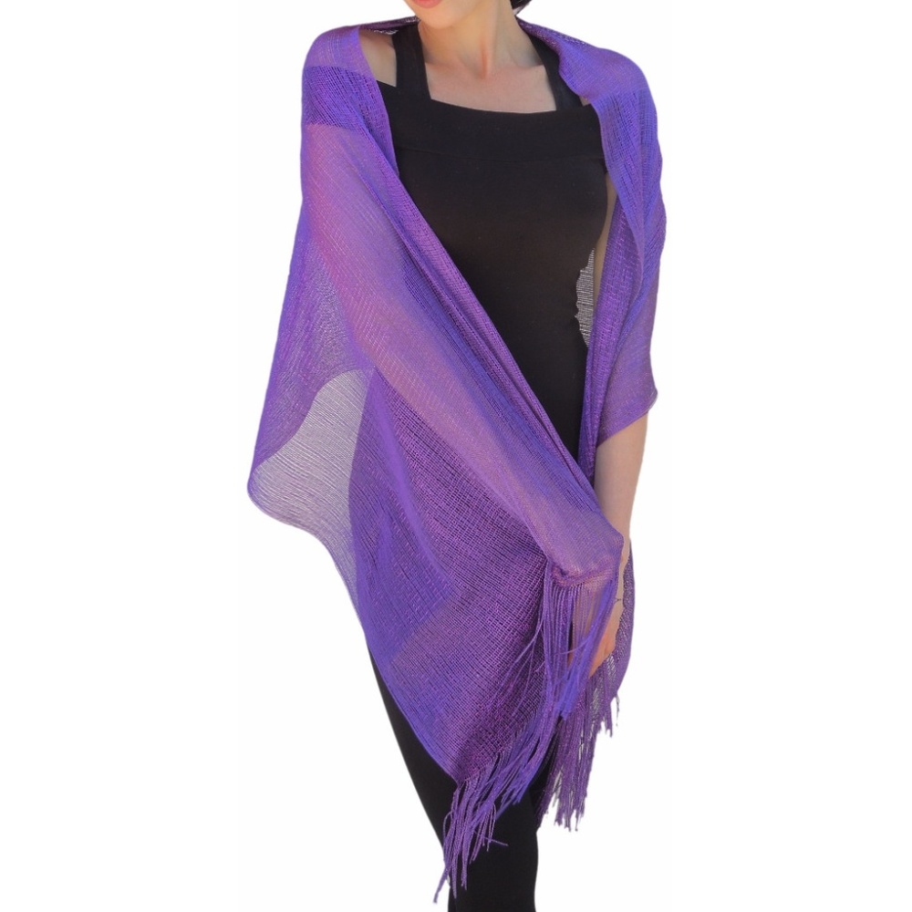 Wrap Shawl Scarf Hijab Purple Metallic Fringe Mesh Evening Prom Wedding 66 x 22